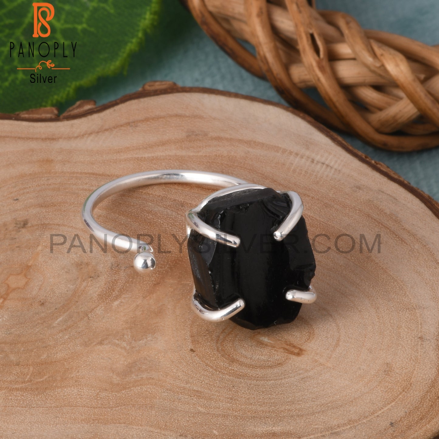 Black Obsidian Rough 925 Silver Prong Set Adjustable Ring