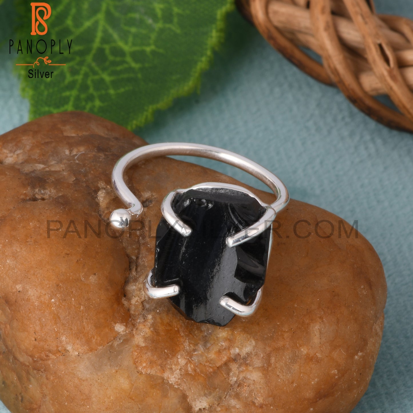 Black Obsidian Rough 925 Silver Prong Set Adjustable Ring