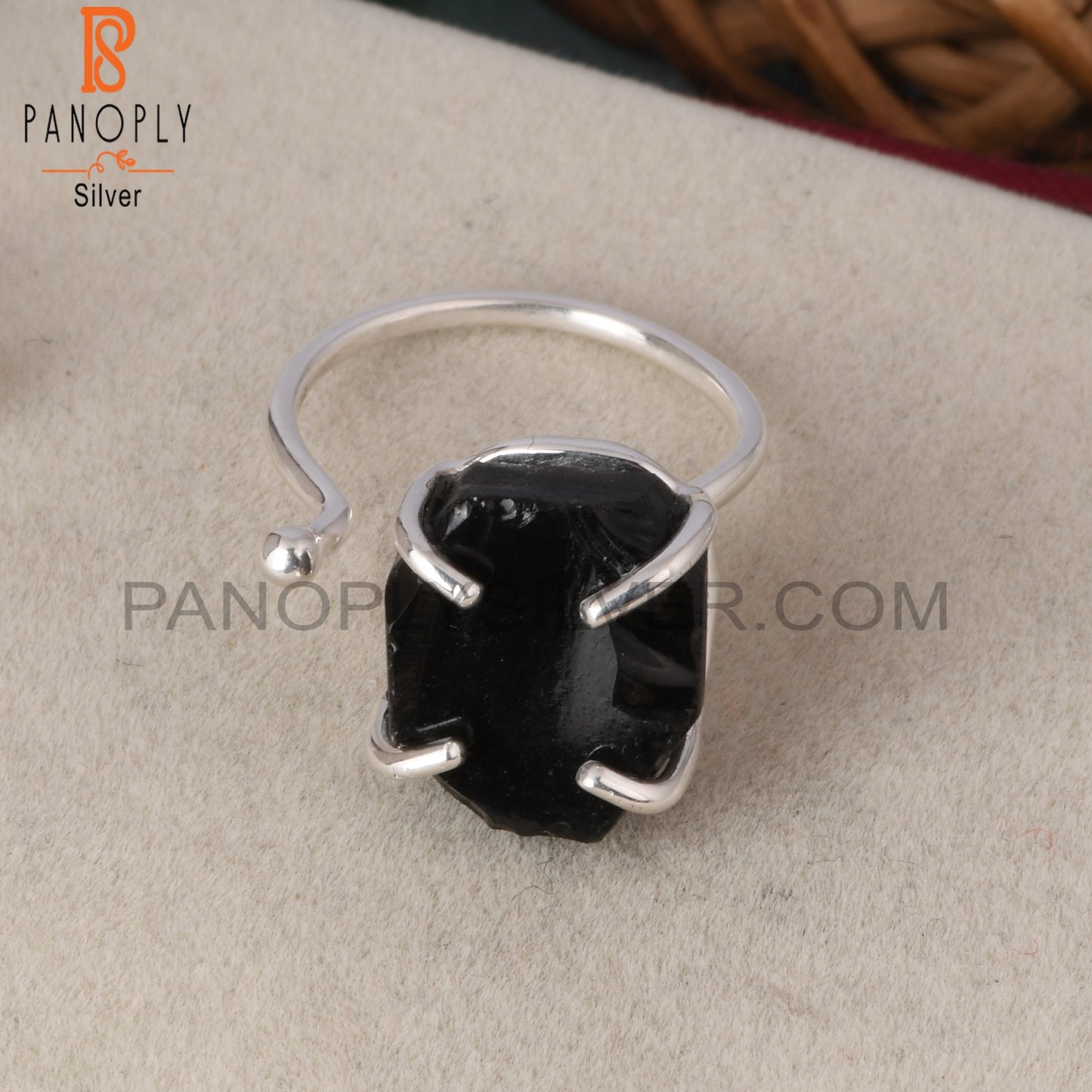 Black Obsidian Rough 925 Silver Prong Set Adjustable Ring