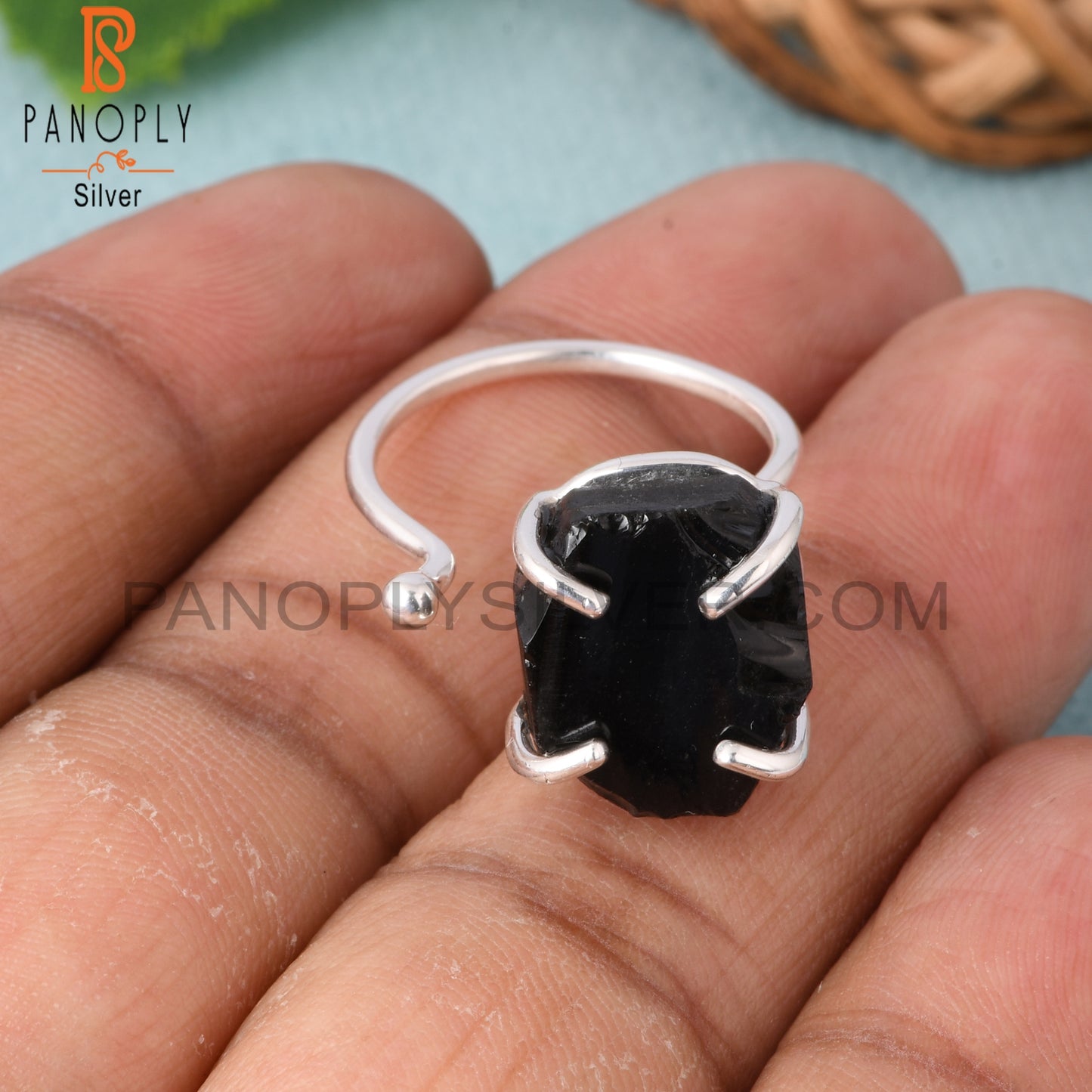 Black Obsidian Rough 925 Silver Prong Set Adjustable Ring