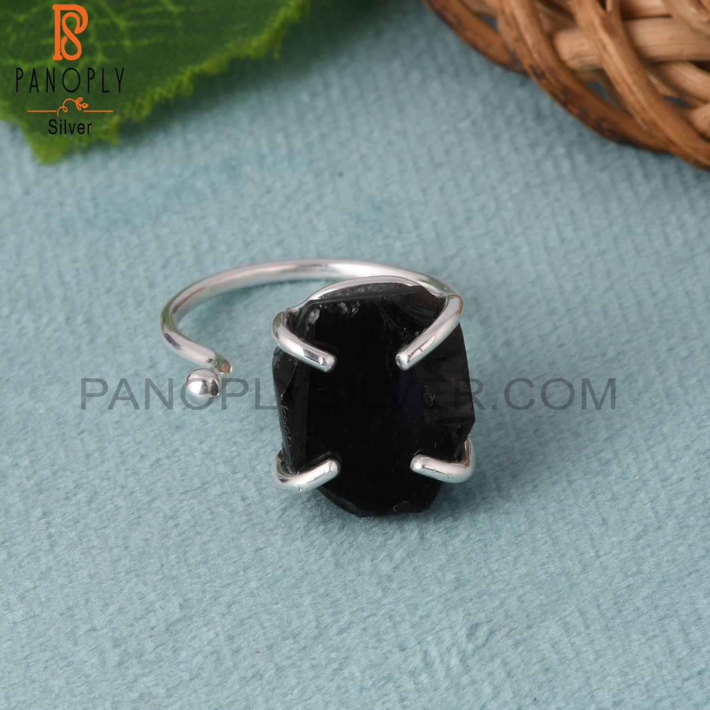 Black Obsidian Rough 925 Silver Prong Set Adjustable Ring