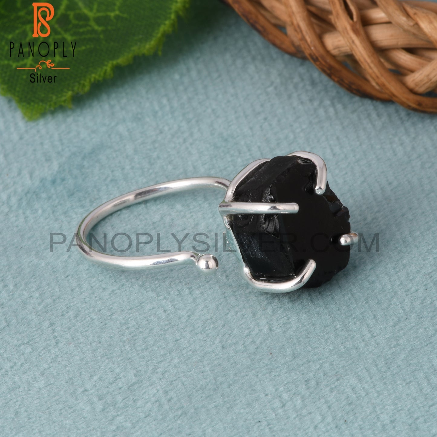 Black Obsidian Rough 925 Silver Prong Set Adjustable Ring