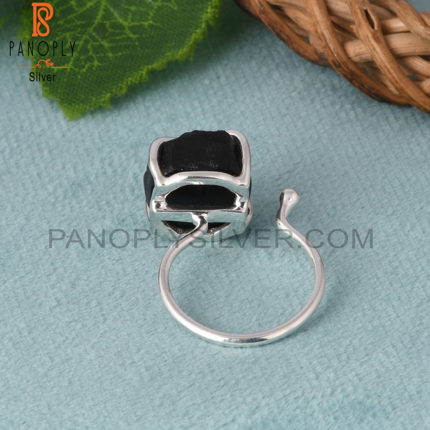 Black Obsidian Rough 925 Silver Prong Set Adjustable Ring