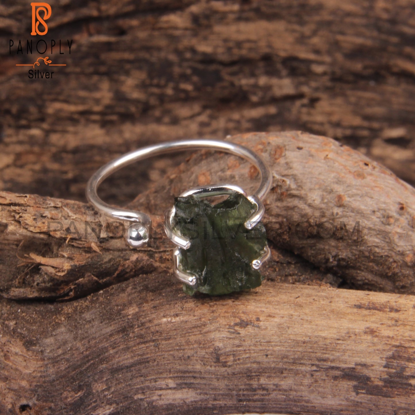 Moldavite Rough 925 Sterling Silver Open Ring
