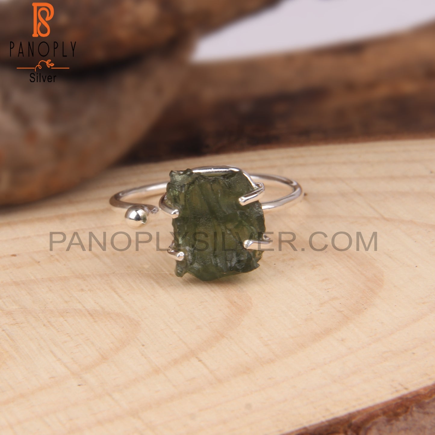 Moldavite Rough 925 Sterling Silver Open Ring