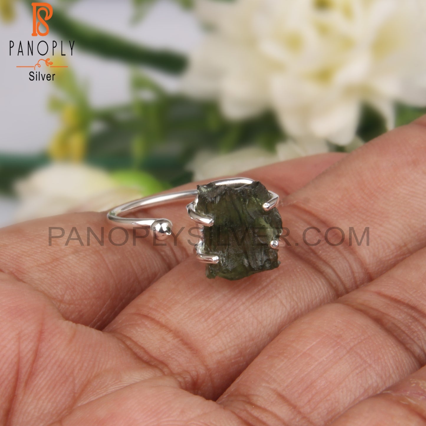 Moldavite Rough 925 Sterling Silver Open Ring