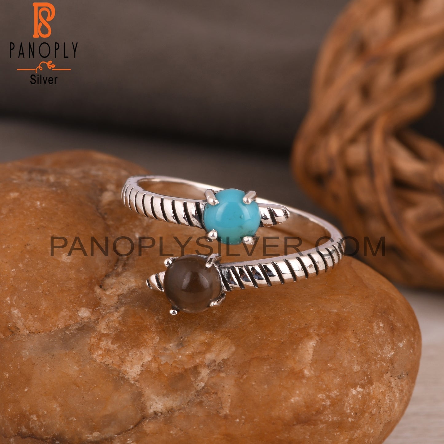 Arizona Turquoise & Smoky Round 925 Sterling Silver Open Ring