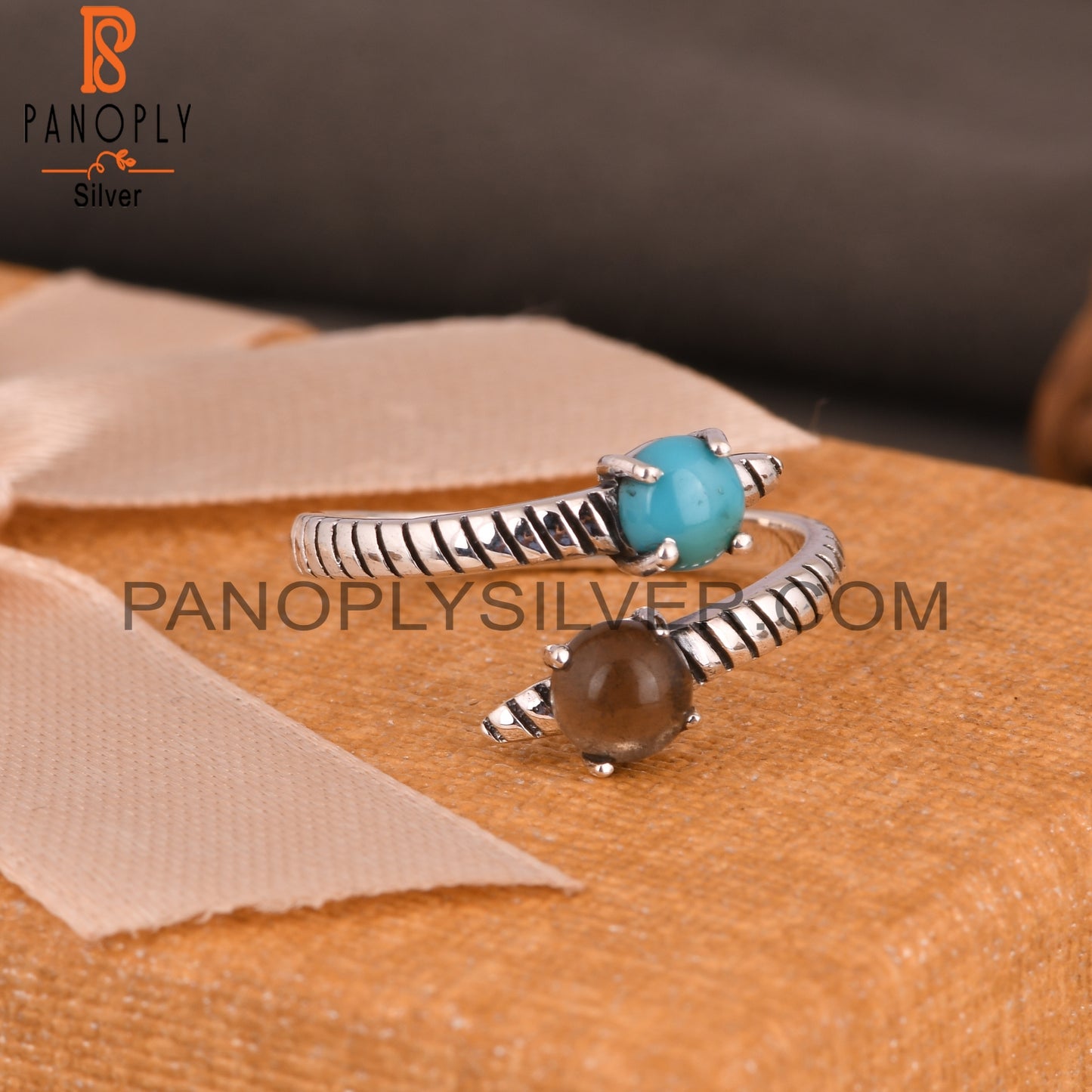 Arizona Turquoise & Smoky Round 925 Sterling Silver Open Ring