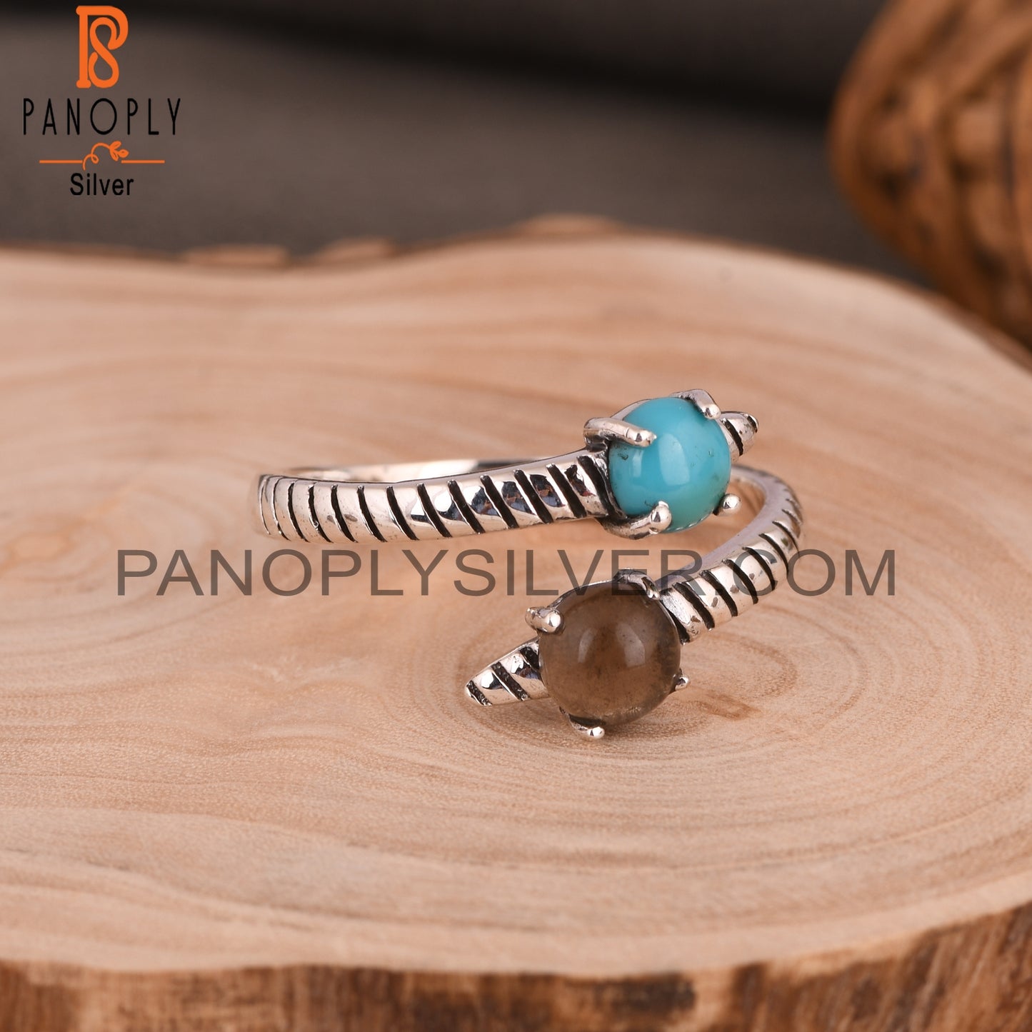 Arizona Turquoise & Smoky Round 925 Sterling Silver Open Ring