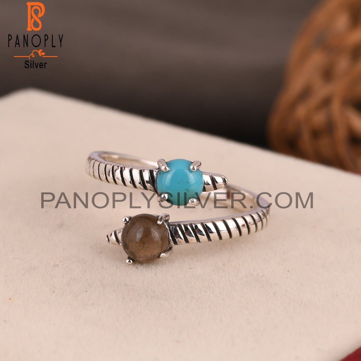 Arizona Turquoise & Smoky Round 925 Sterling Silver Open Ring