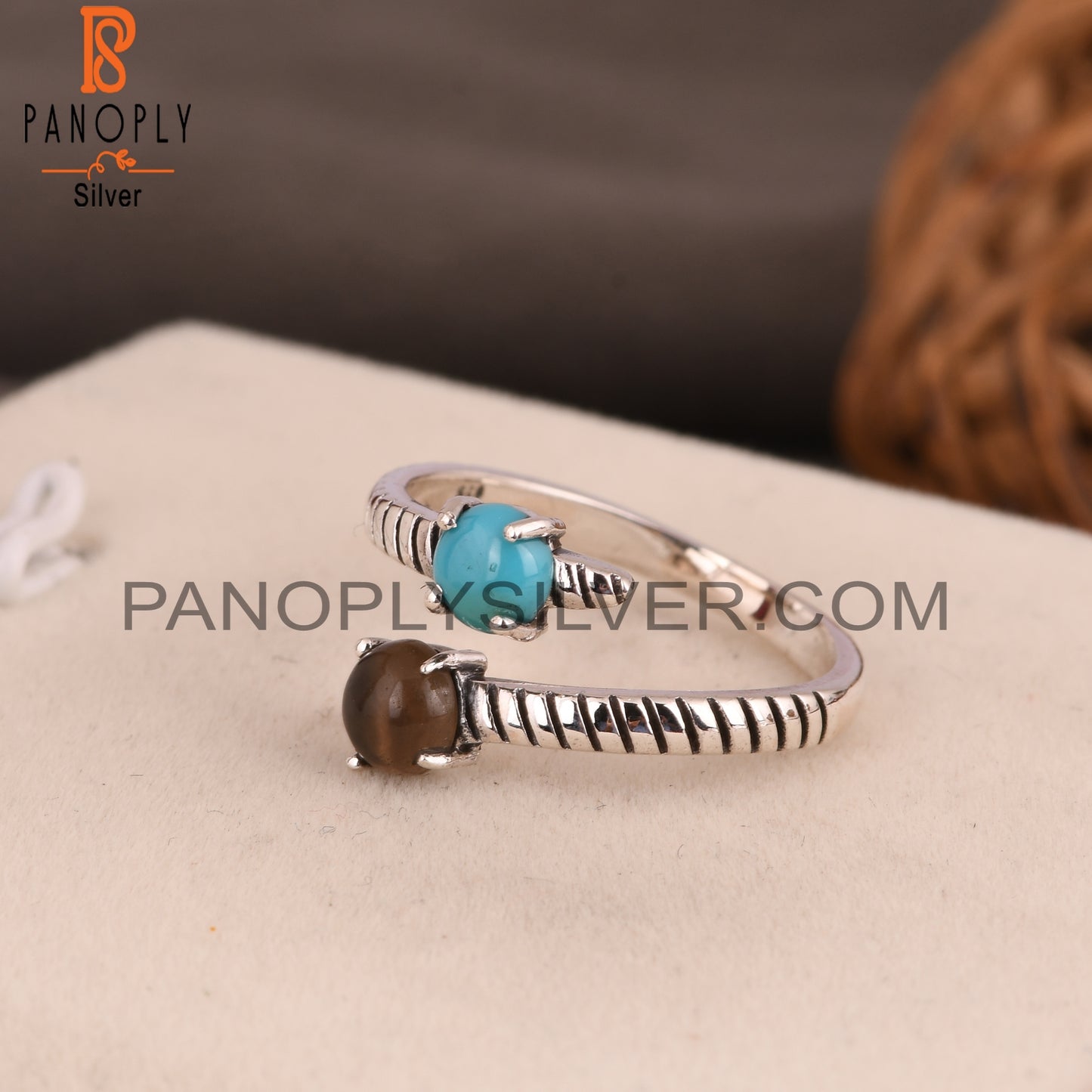 Arizona Turquoise & Smoky Round 925 Sterling Silver Open Ring