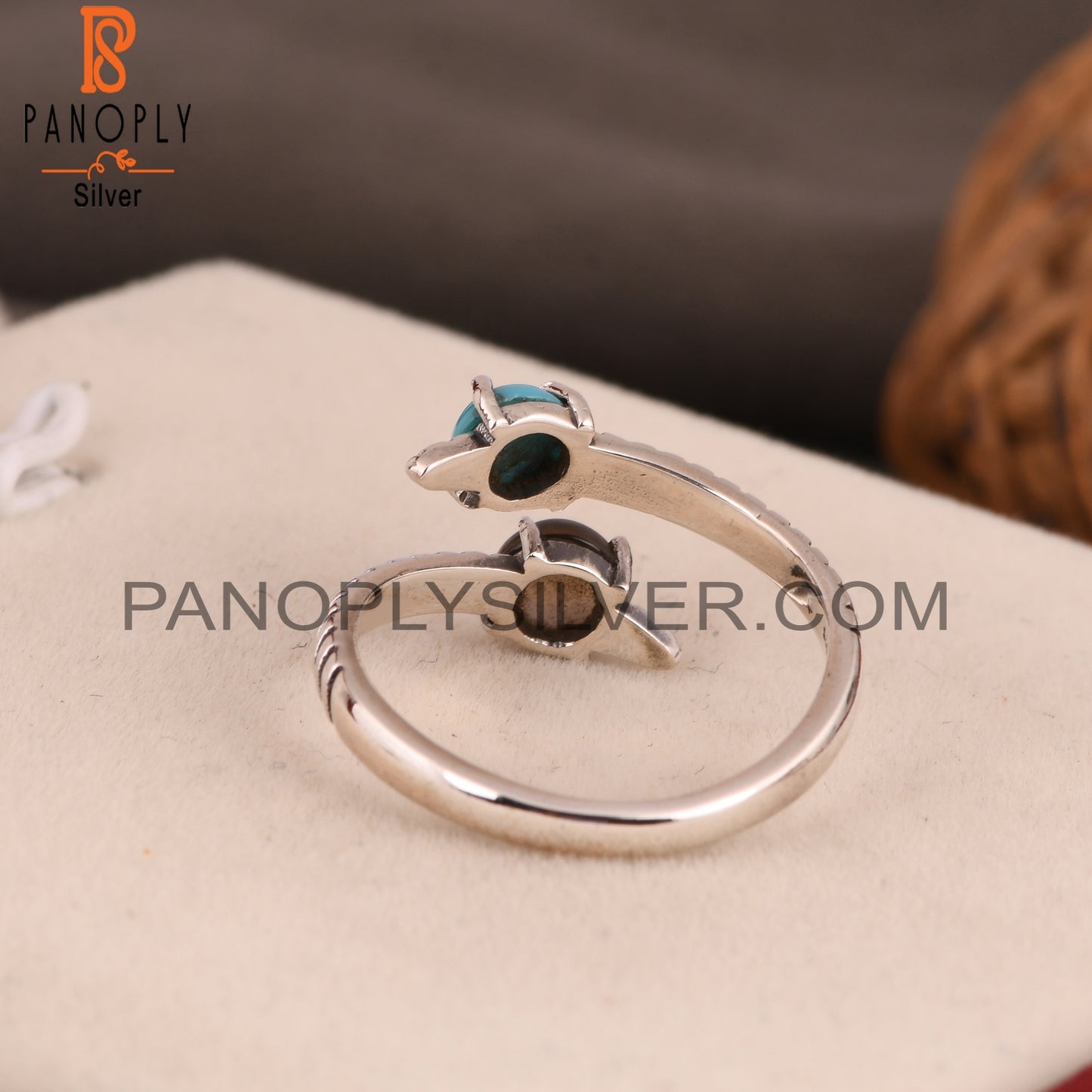 Arizona Turquoise & Smoky Round 925 Sterling Silver Open Ring