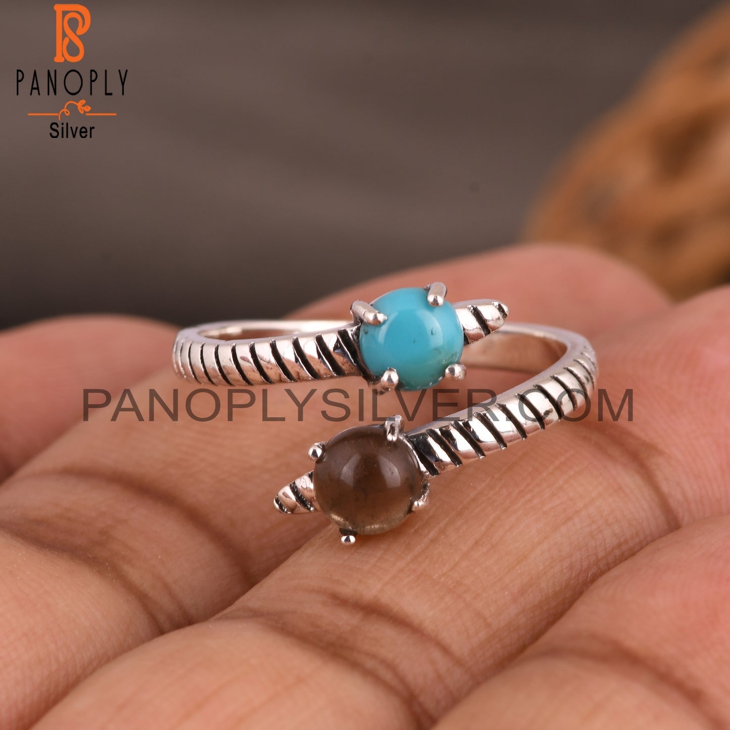 Arizona Turquoise & Smoky Round 925 Sterling Silver Open Ring