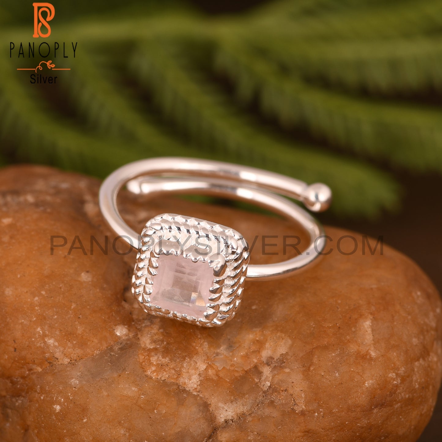 Rose Quartz Square 925 Sterling Silver Ring