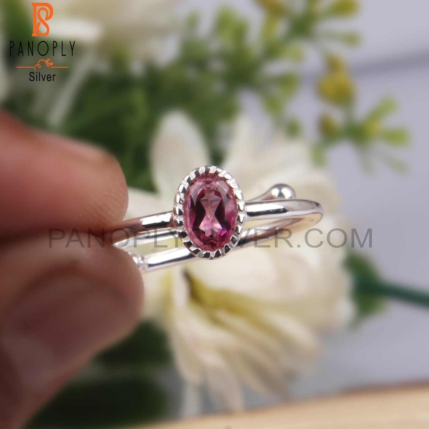 Oval Pink Topaz 925 Sterling Silver Adjustable Engagement Ring