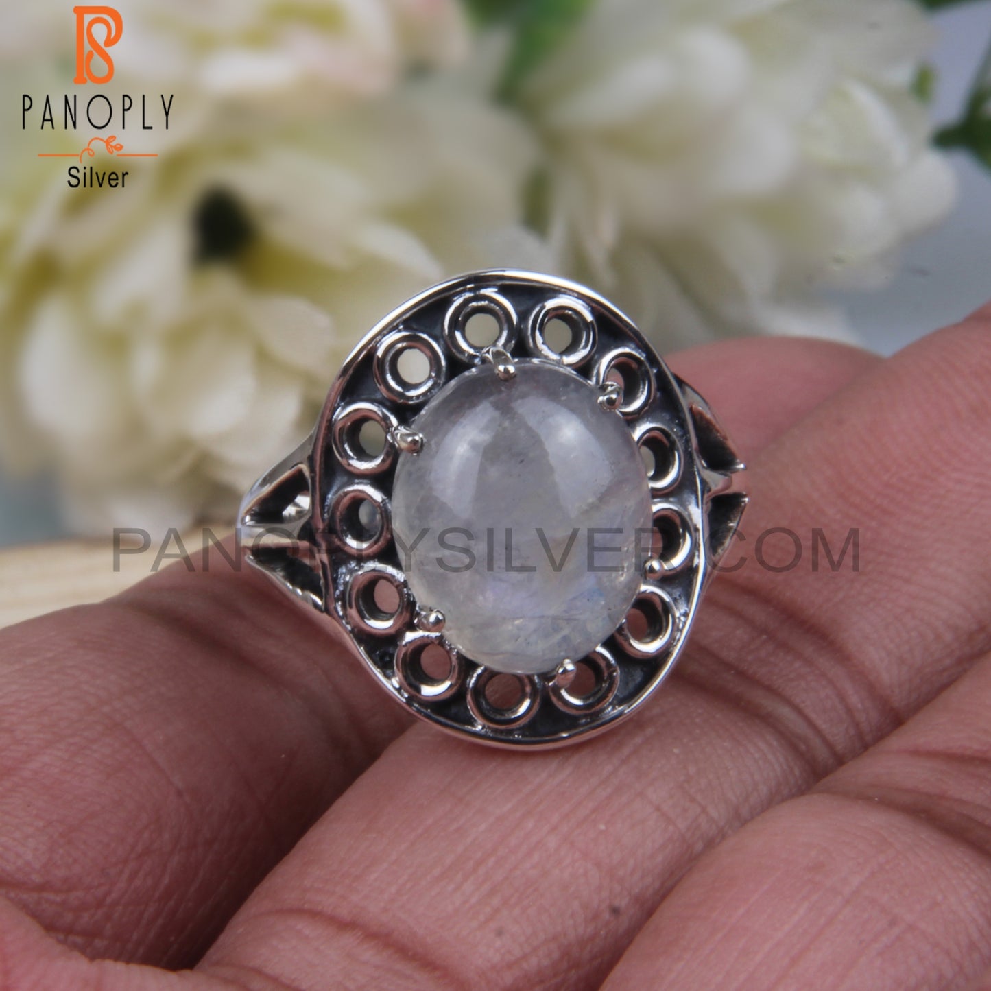 Rainbow Moonstone Aesthetic Oval 925 Sterling Silver Ring