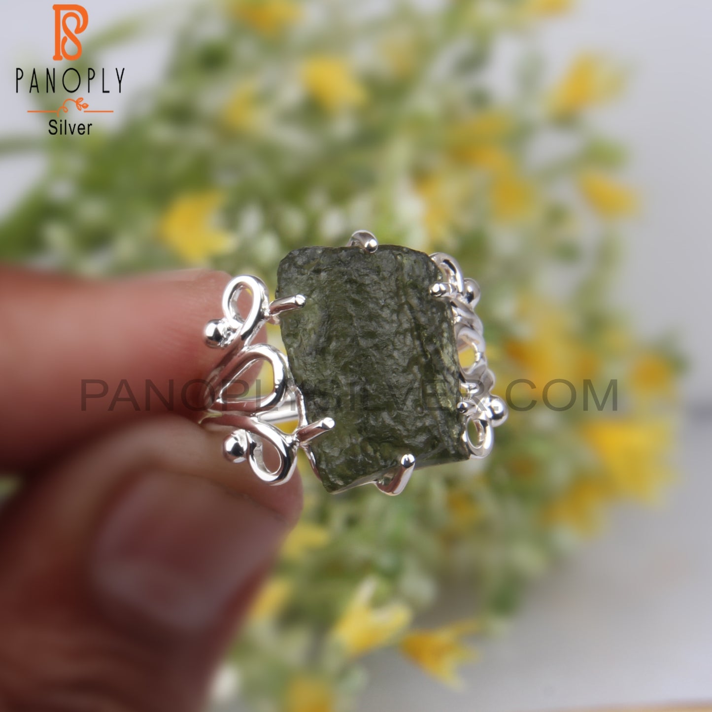 Moldavite Rough Gemstone 925 Sterling Silver Stylish Ring