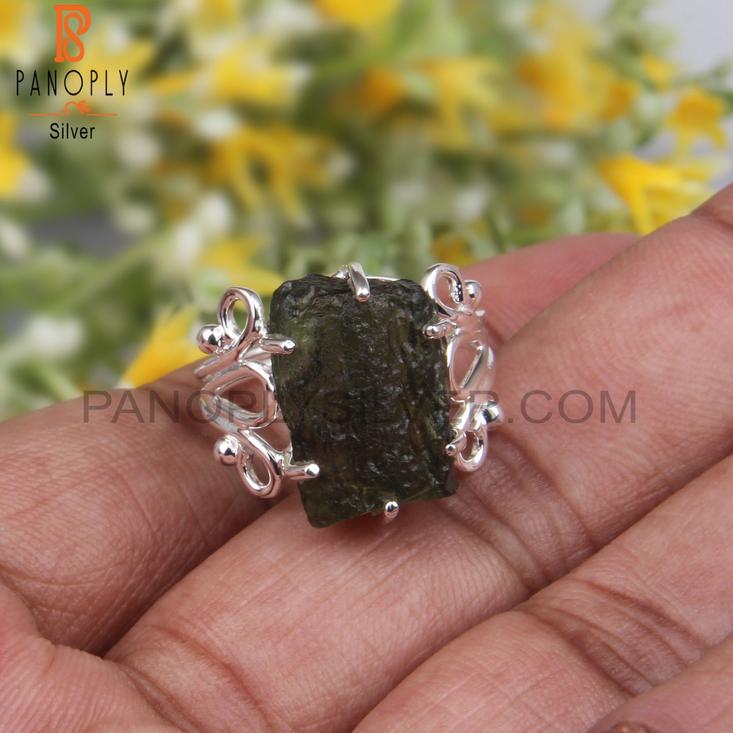 Moldavite Rough Gemstone 925 Sterling Silver Stylish Ring