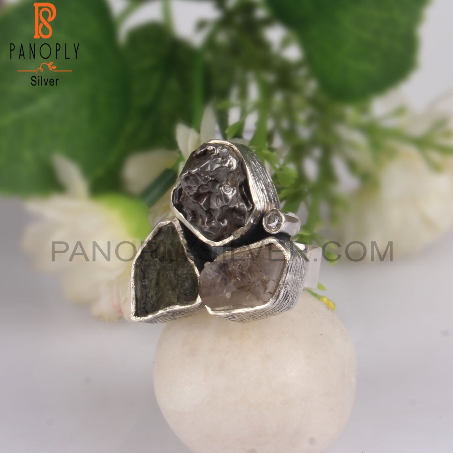Moldavite, Meteorite, Herkimer Diamond CZ, 925 Silver Ring