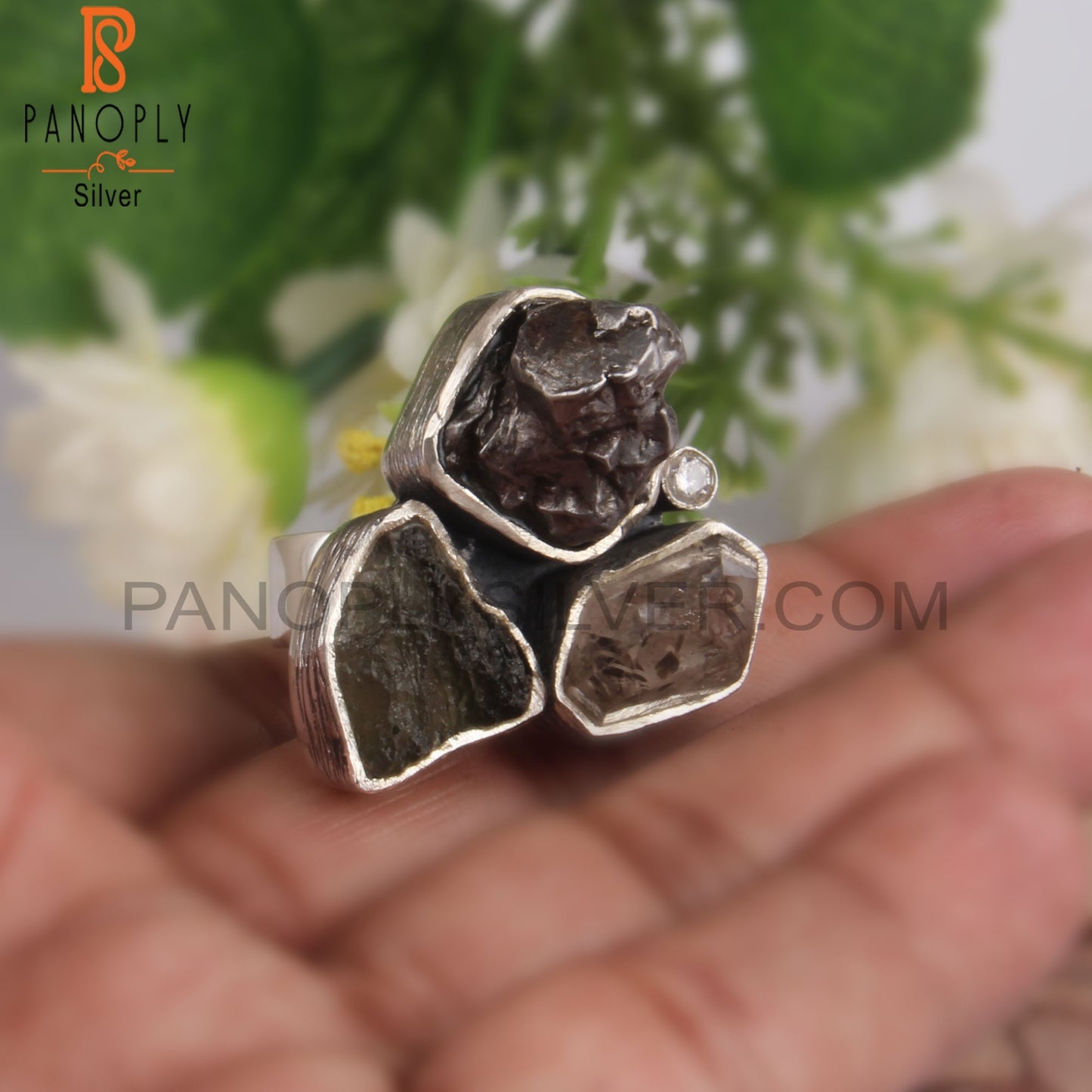 Moldavite, Meteorite, Herkimer Diamond CZ, 925 Silver Ring
