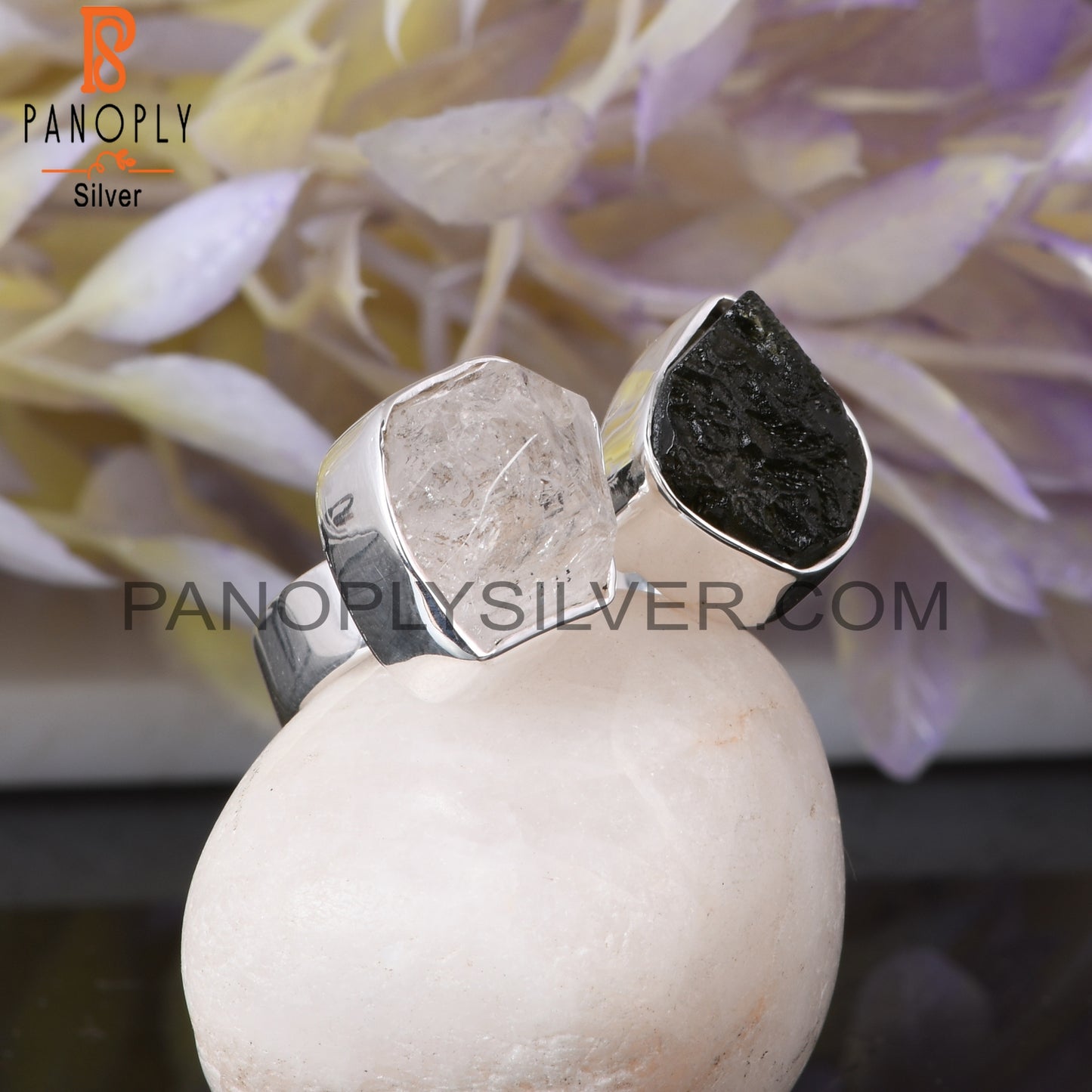 Herkimer Diamond & Moldavite 925 Sterling Silver Ring