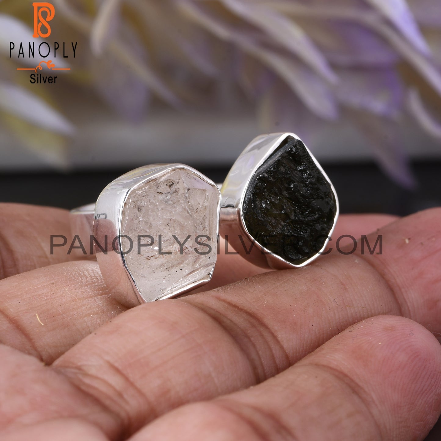 Herkimer Diamond & Moldavite 925 Sterling Silver Ring