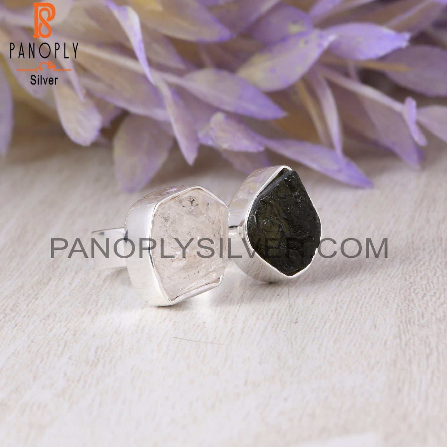 Herkimer Diamond & Moldavite 925 Sterling Silver Ring