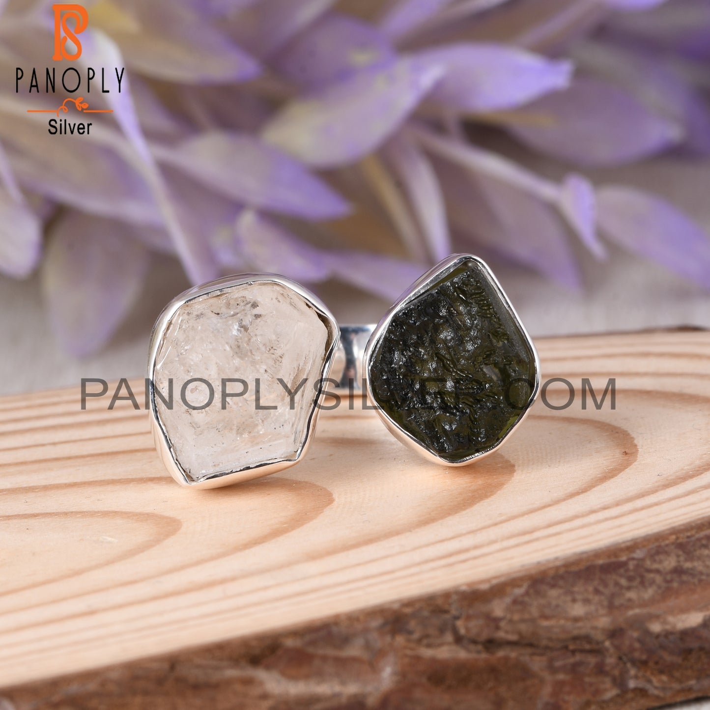Herkimer Diamond & Moldavite 925 Sterling Silver Ring