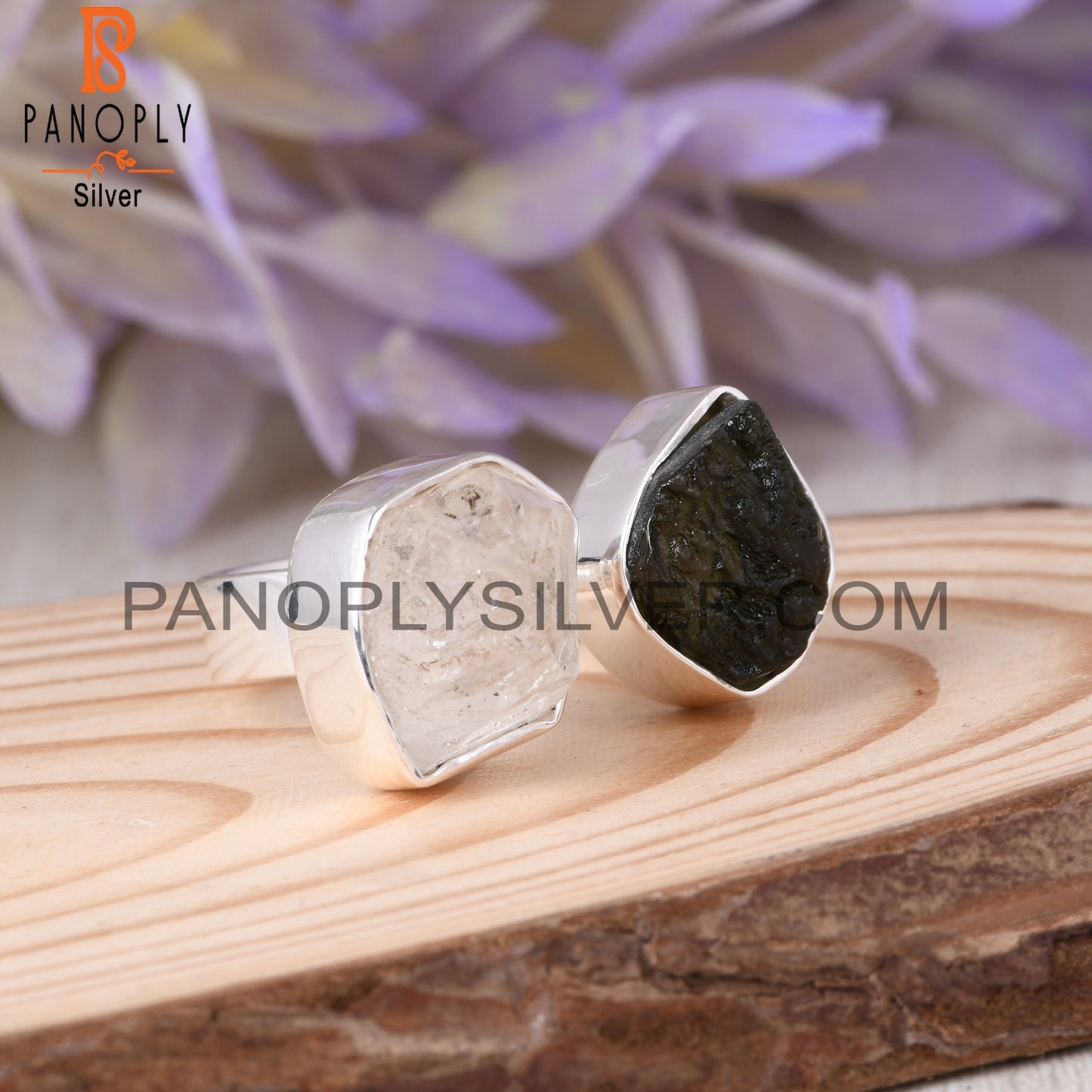 Herkimer Diamond & Moldavite 925 Sterling Silver Ring