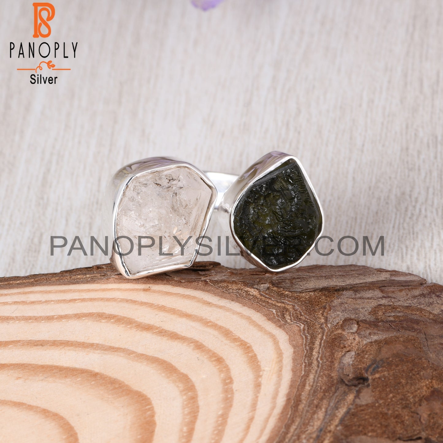 Herkimer Diamond & Moldavite 925 Sterling Silver Ring