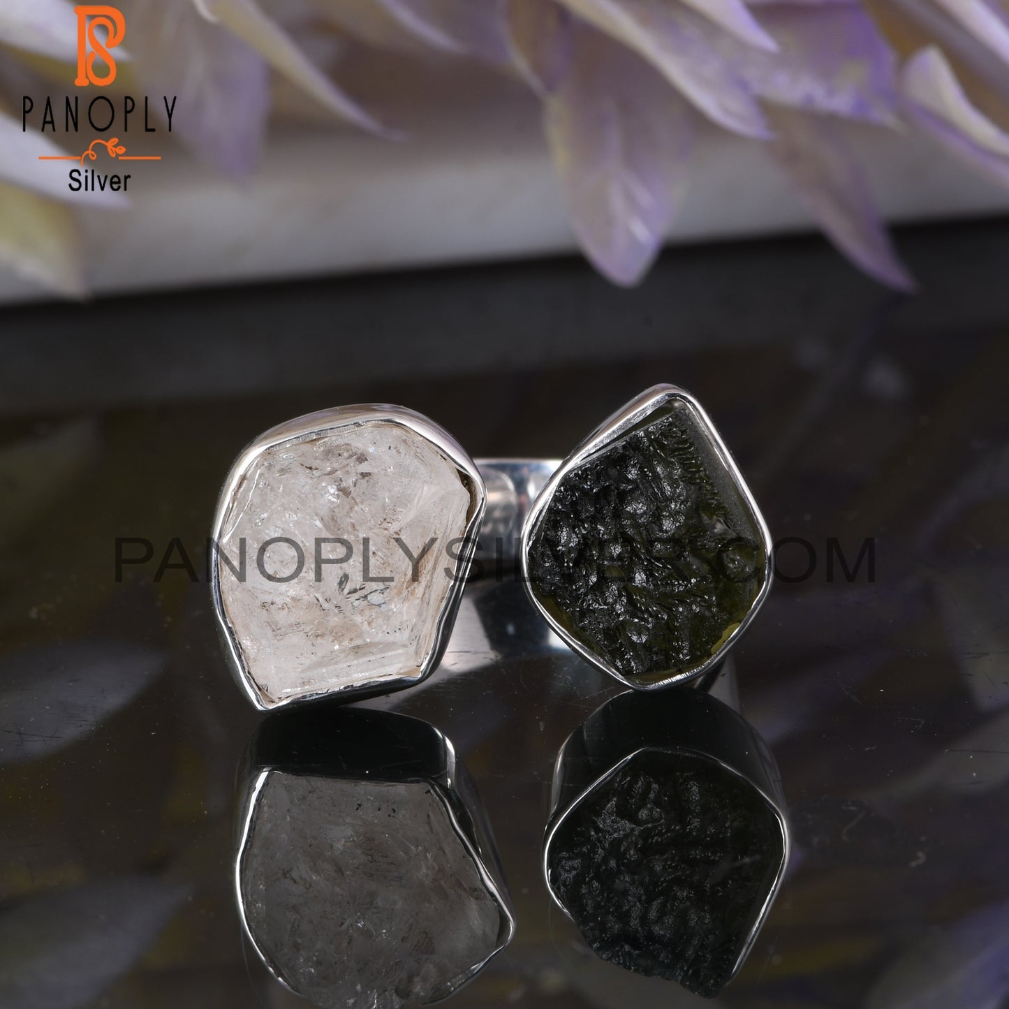 Herkimer Diamond & Moldavite 925 Sterling Silver Ring