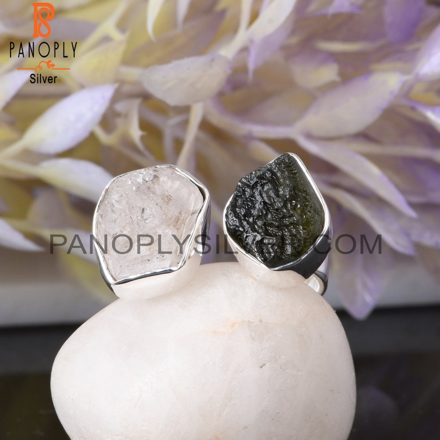 Herkimer Diamond & Moldavite 925 Sterling Silver Ring