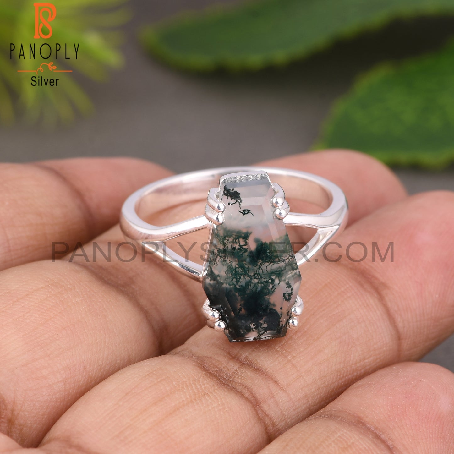 Moss Agate Coffin 925 Sterling Silver Ring