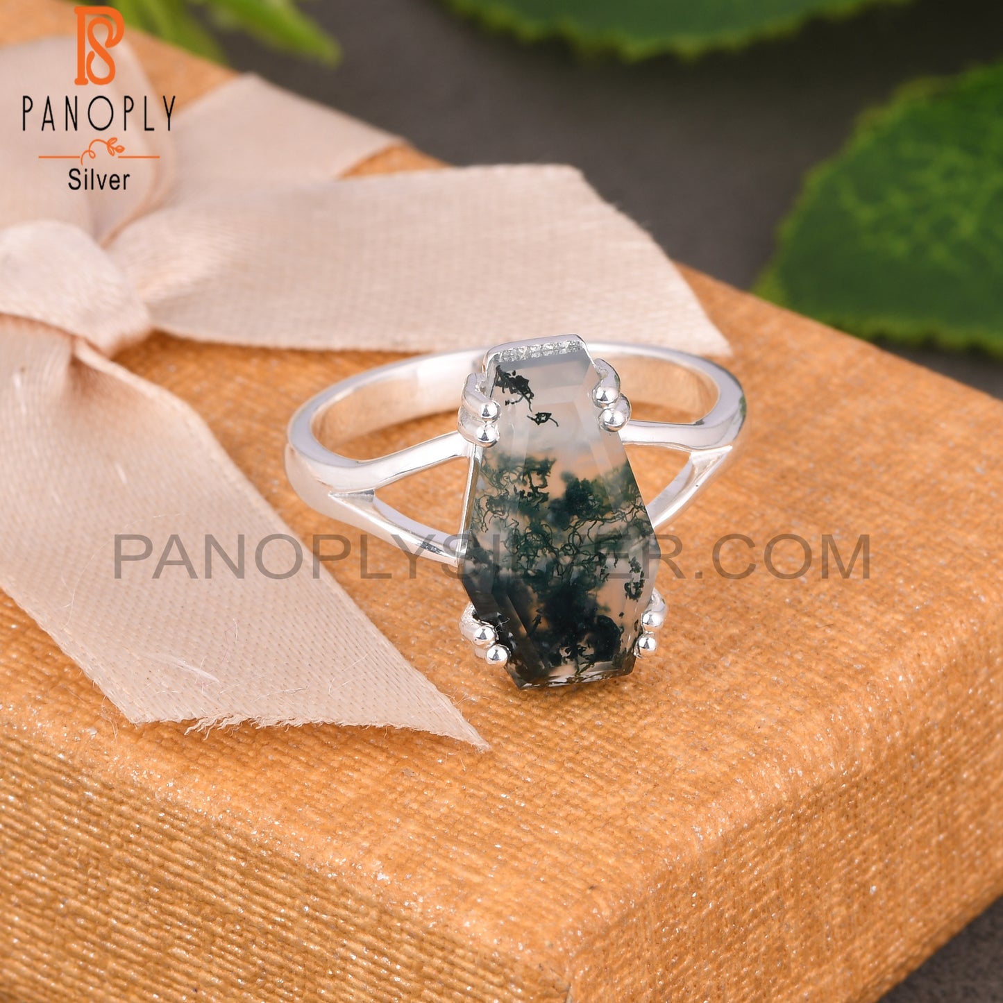 Moss Agate Coffin 925 Sterling Silver Ring