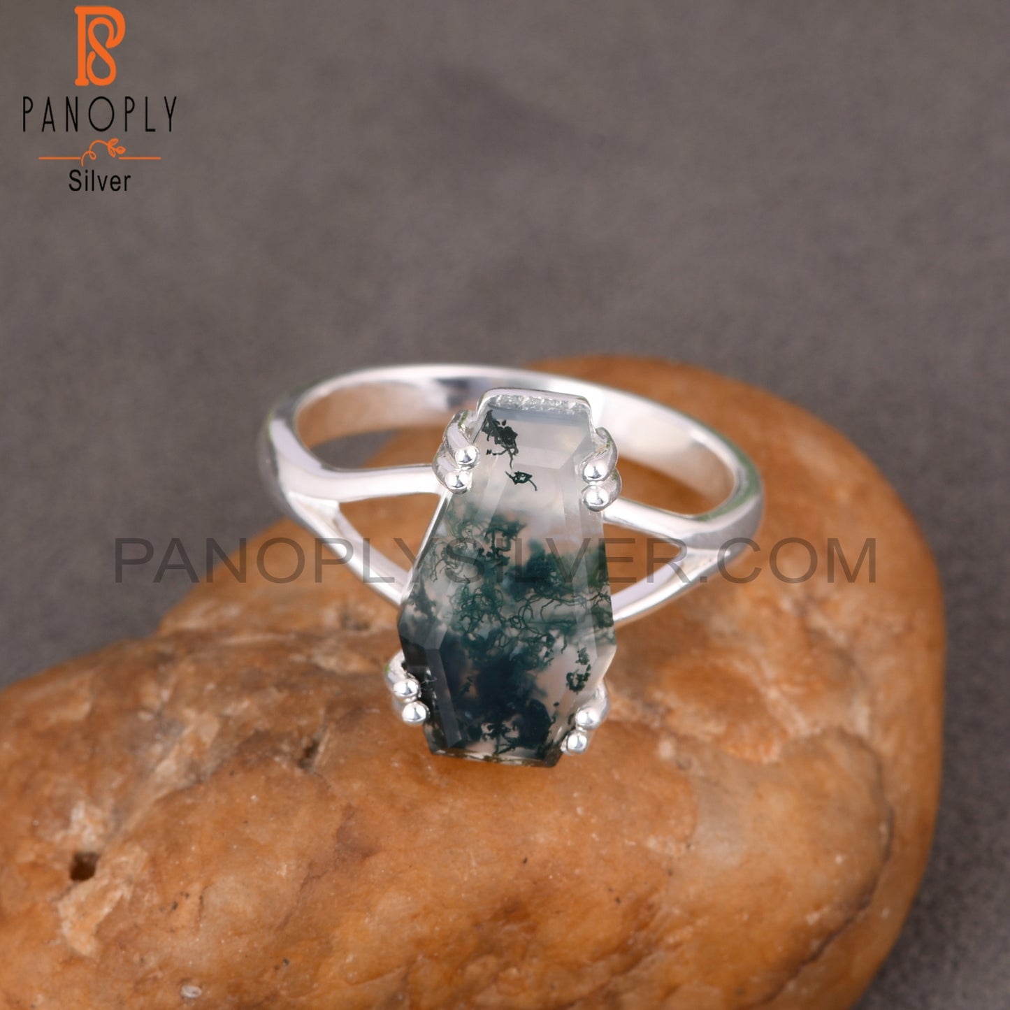 Moss Agate Coffin 925 Sterling Silver Ring