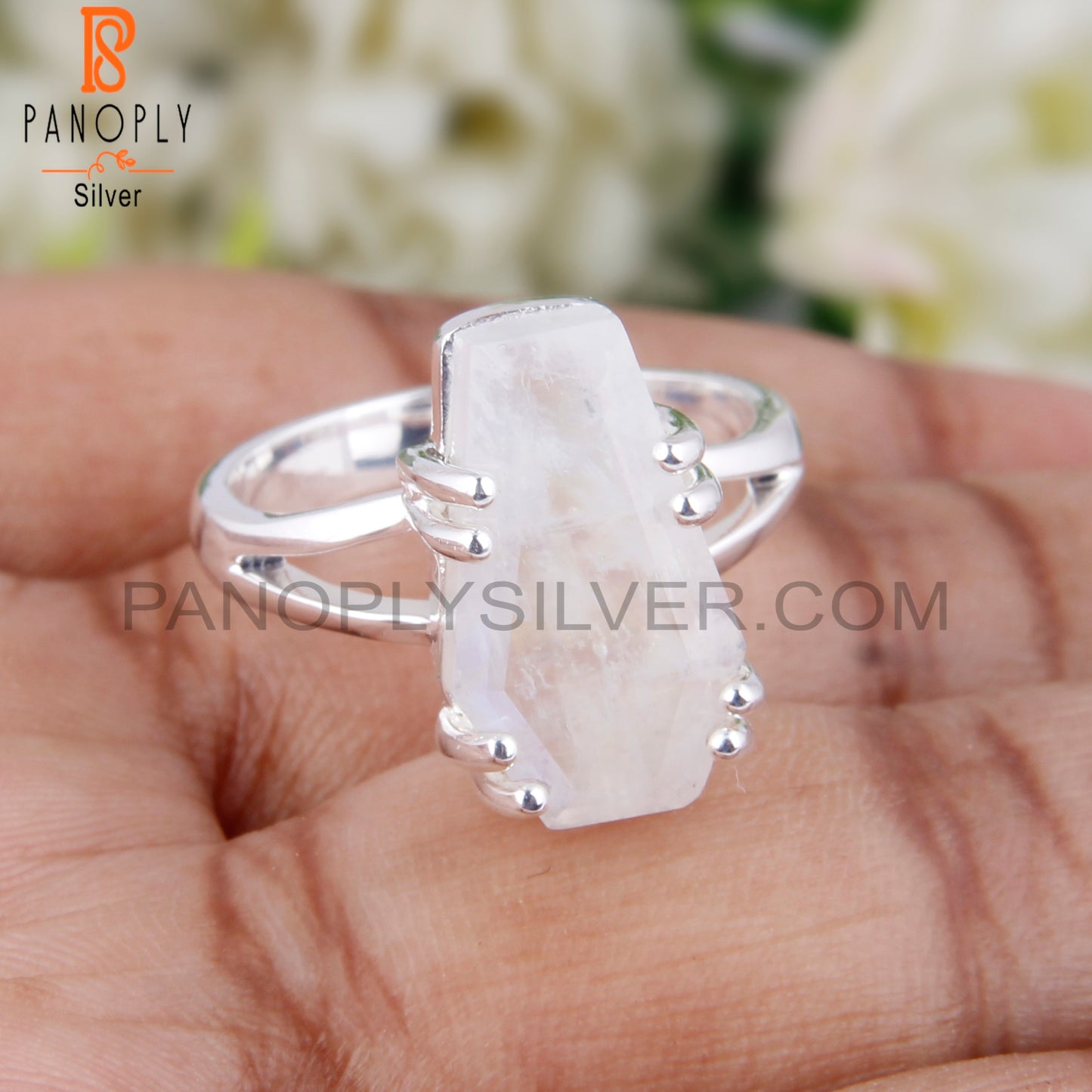 Rainbow Moon Stone Coffin Shape 925 Sterling Silver Ring