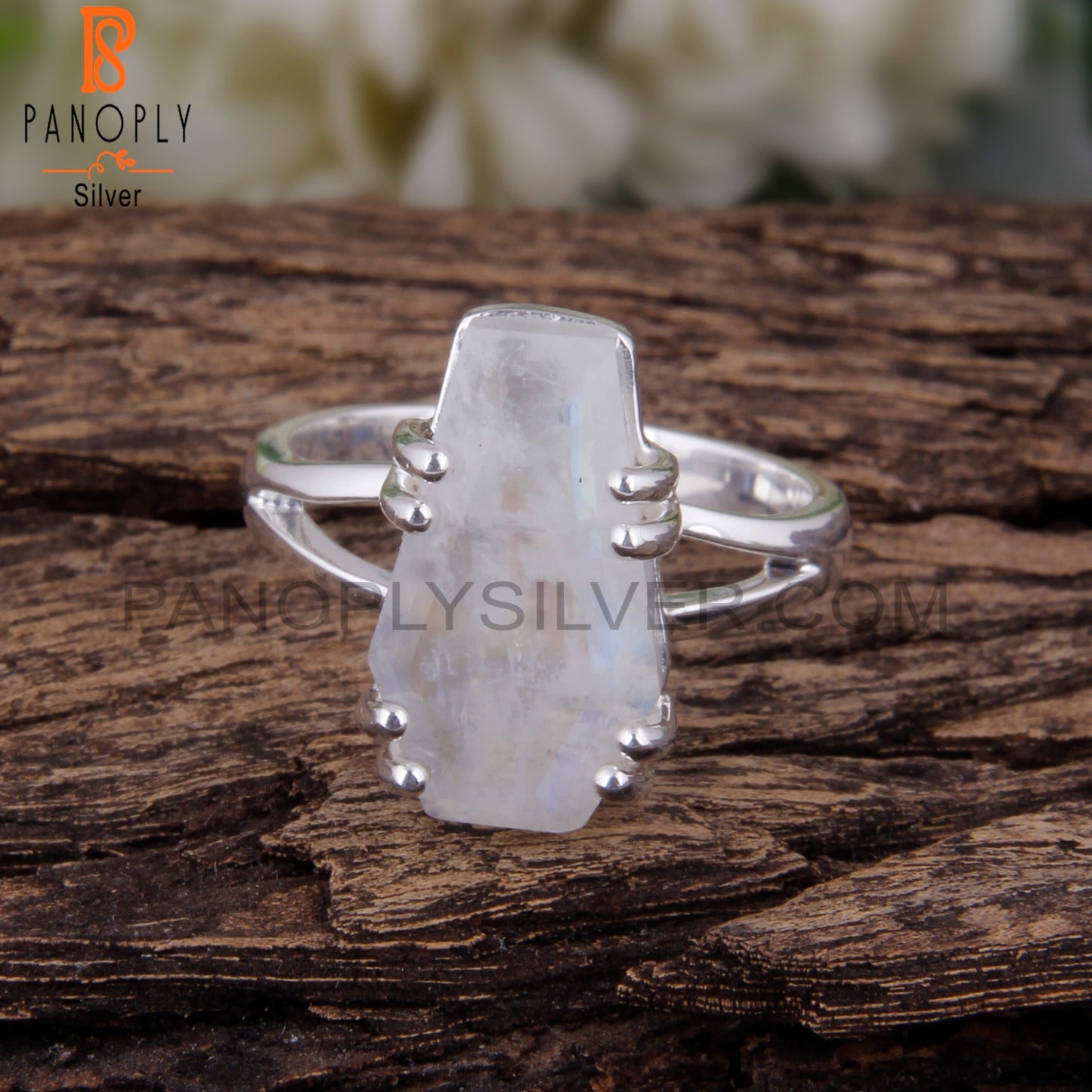 Rainbow Moon Stone Coffin Shape 925 Sterling Silver Ring