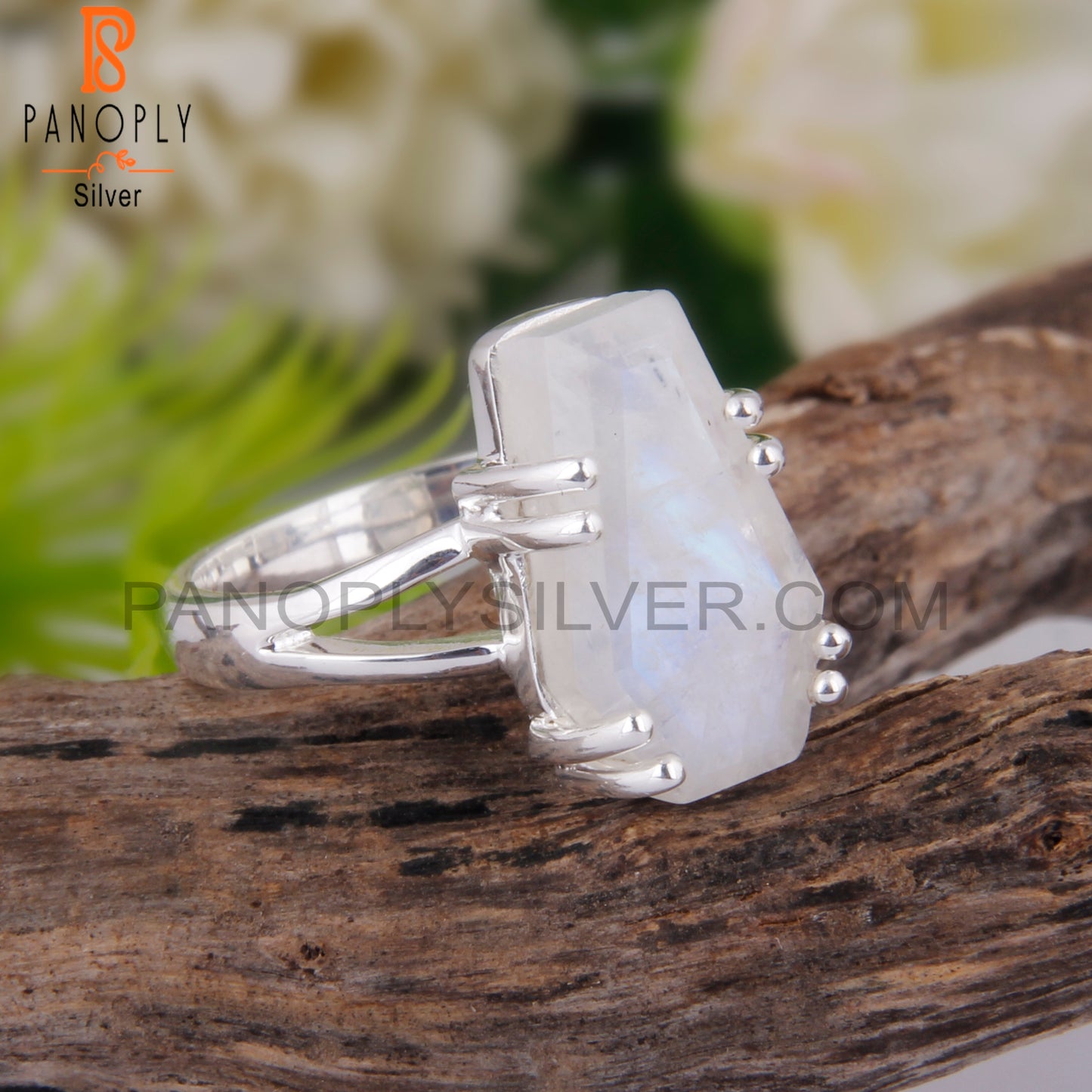 Rainbow Moon Stone Coffin Shape 925 Sterling Silver Ring