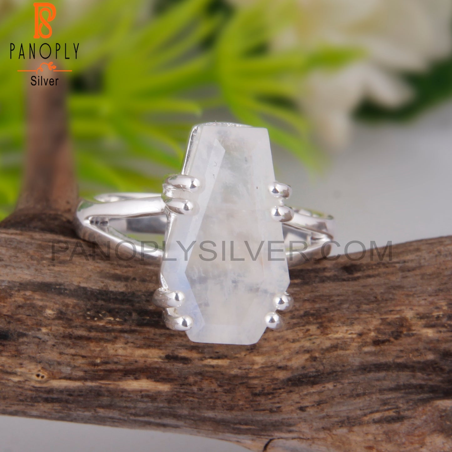 Rainbow Moon Stone Coffin Shape 925 Sterling Silver Ring