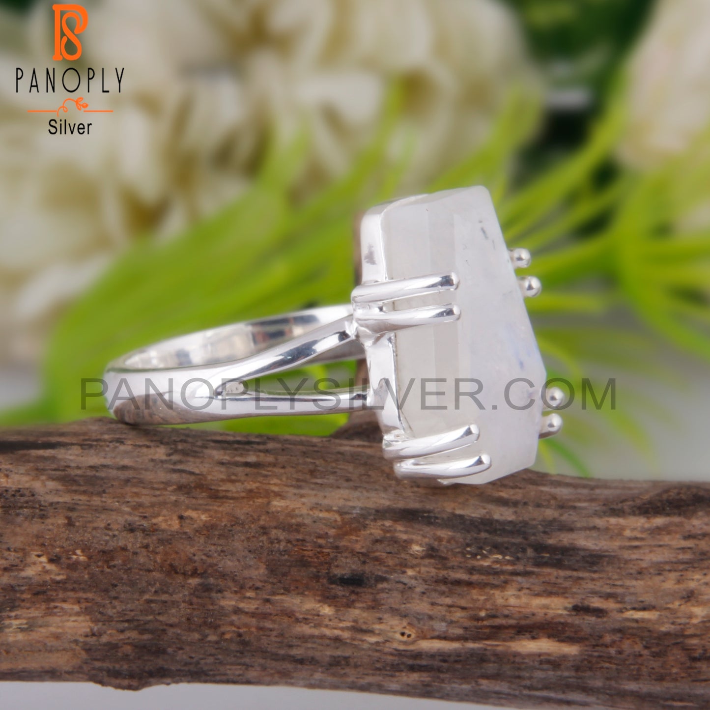 Rainbow Moon Stone Coffin Shape 925 Sterling Silver Ring