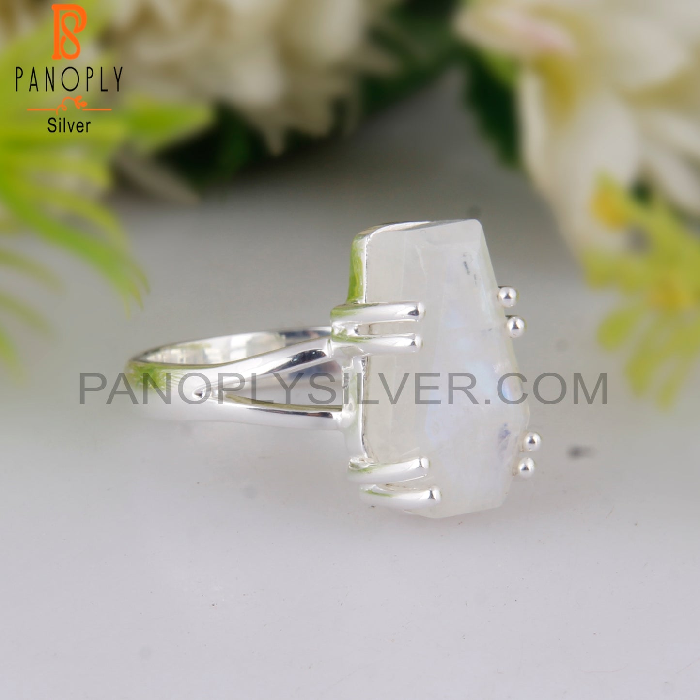 Rainbow Moon Stone Coffin Shape 925 Sterling Silver Ring
