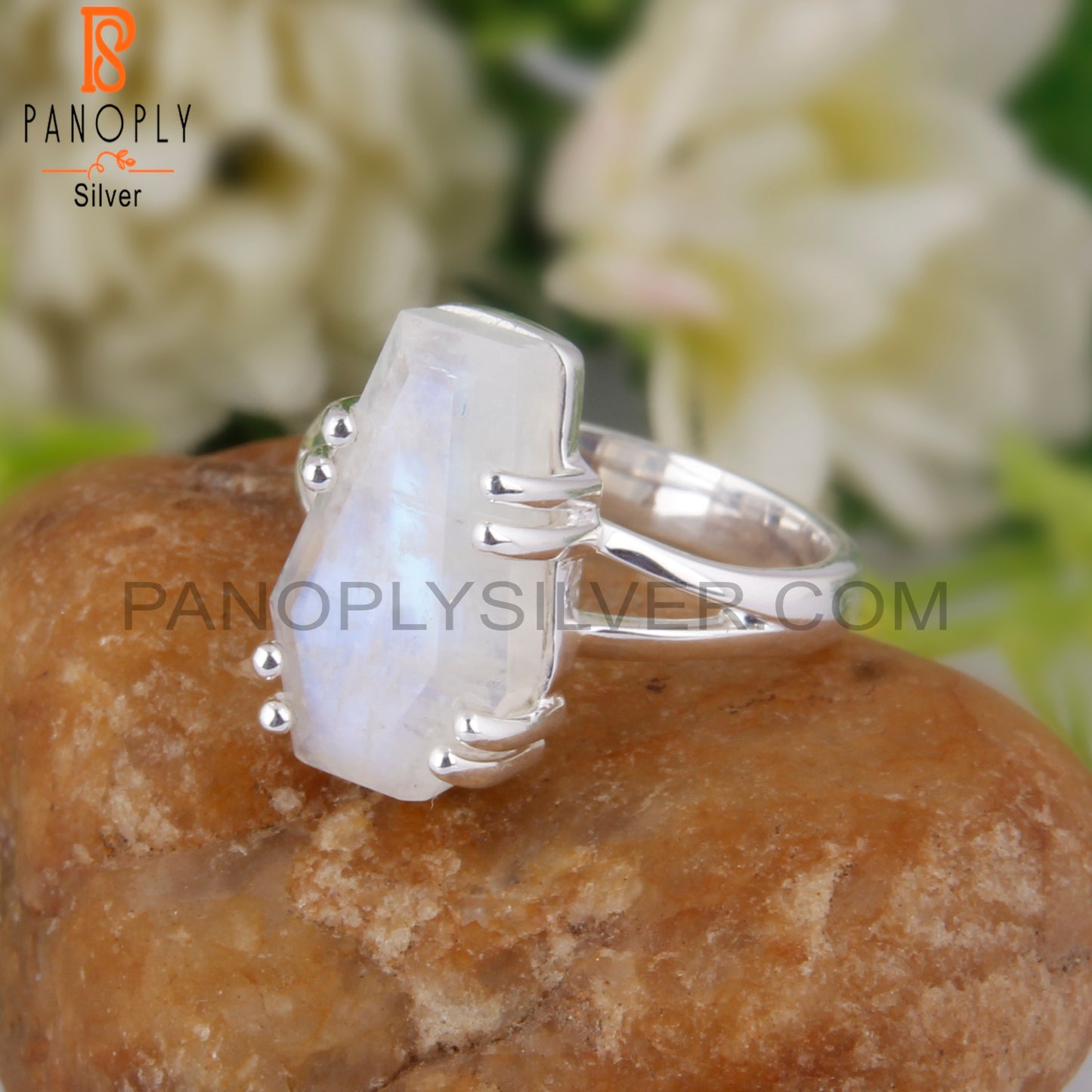 Rainbow Moon Stone Coffin Shape 925 Sterling Silver Ring