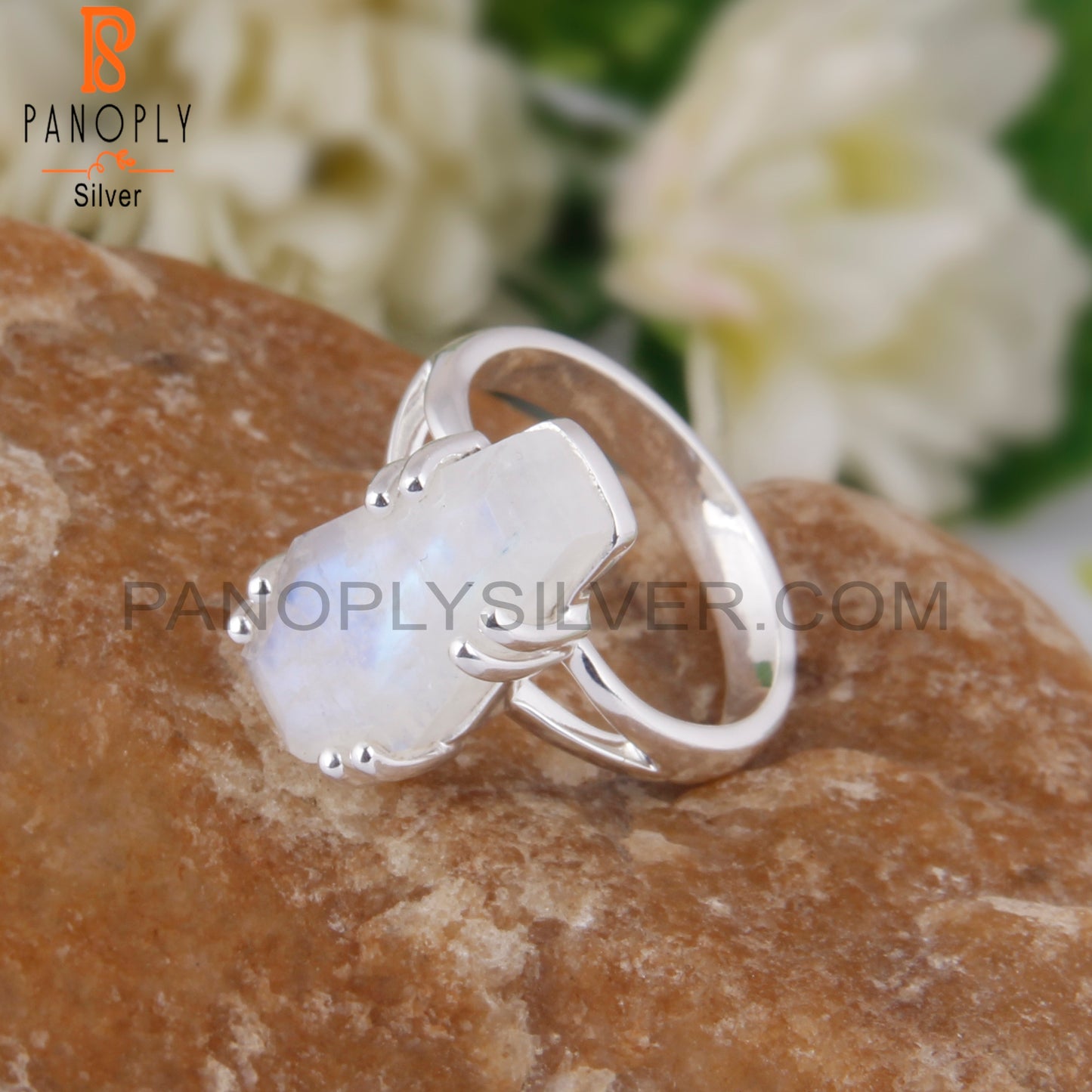 Rainbow Moon Stone Coffin Shape 925 Sterling Silver Ring