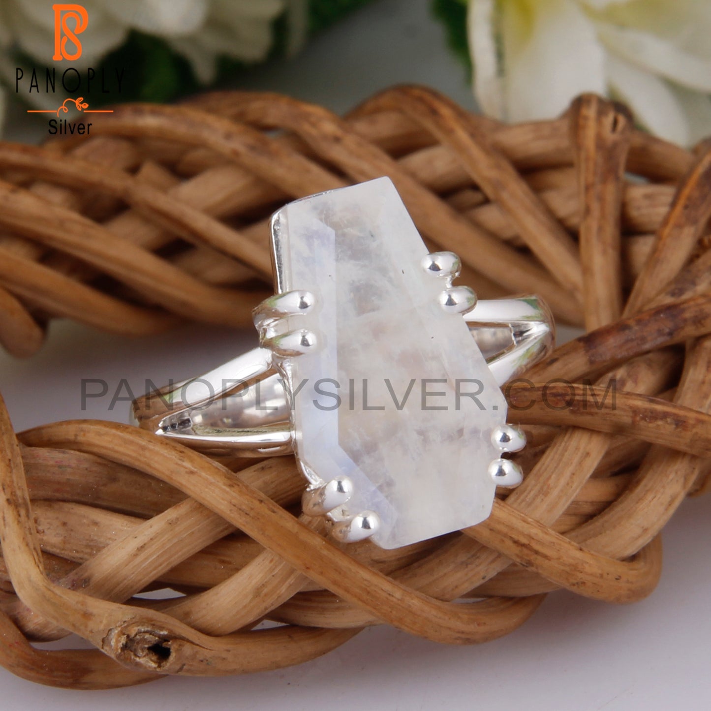 Rainbow Moon Stone Coffin Shape 925 Sterling Silver Ring