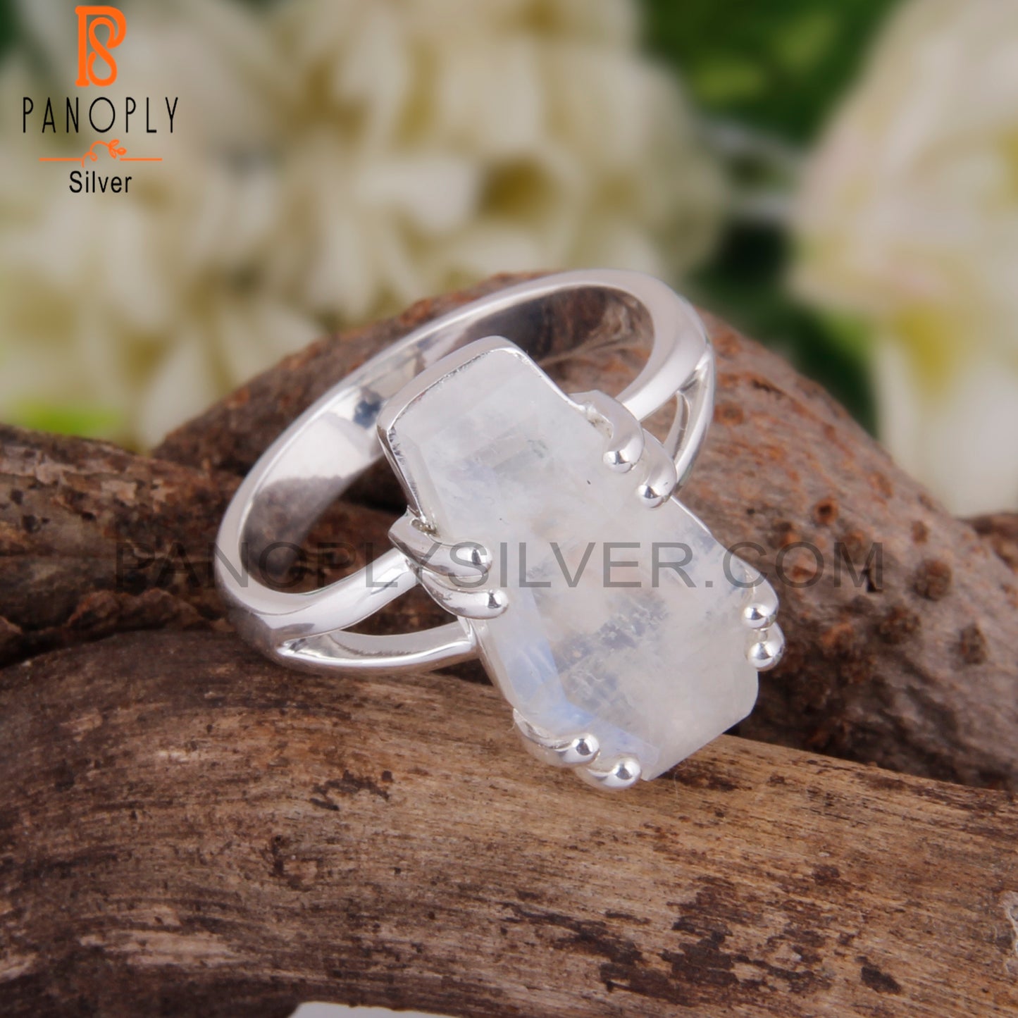 Rainbow Moon Stone Coffin Shape 925 Sterling Silver Ring