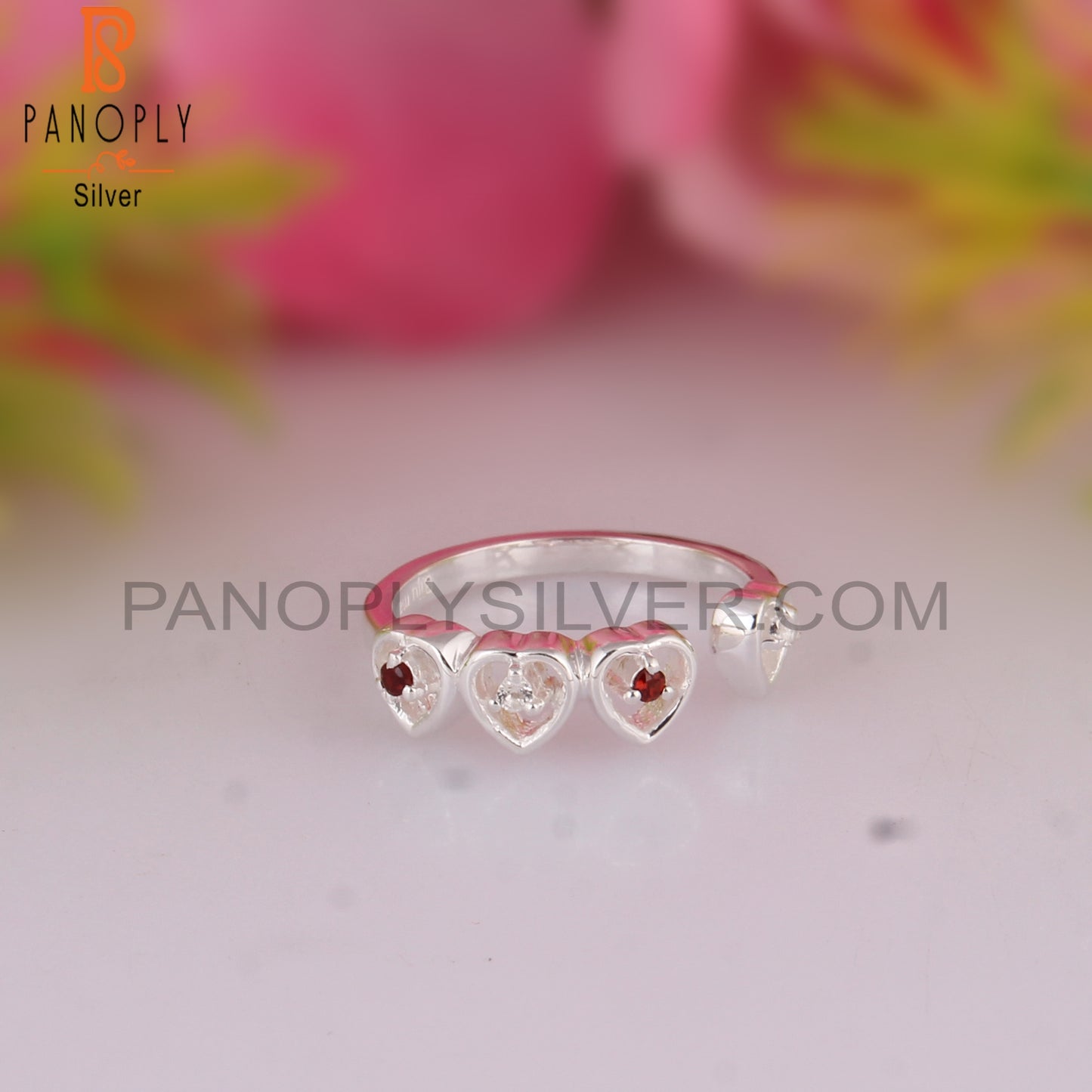 Garnet & White Topaz 925 Sterling Silver Stackable Ring