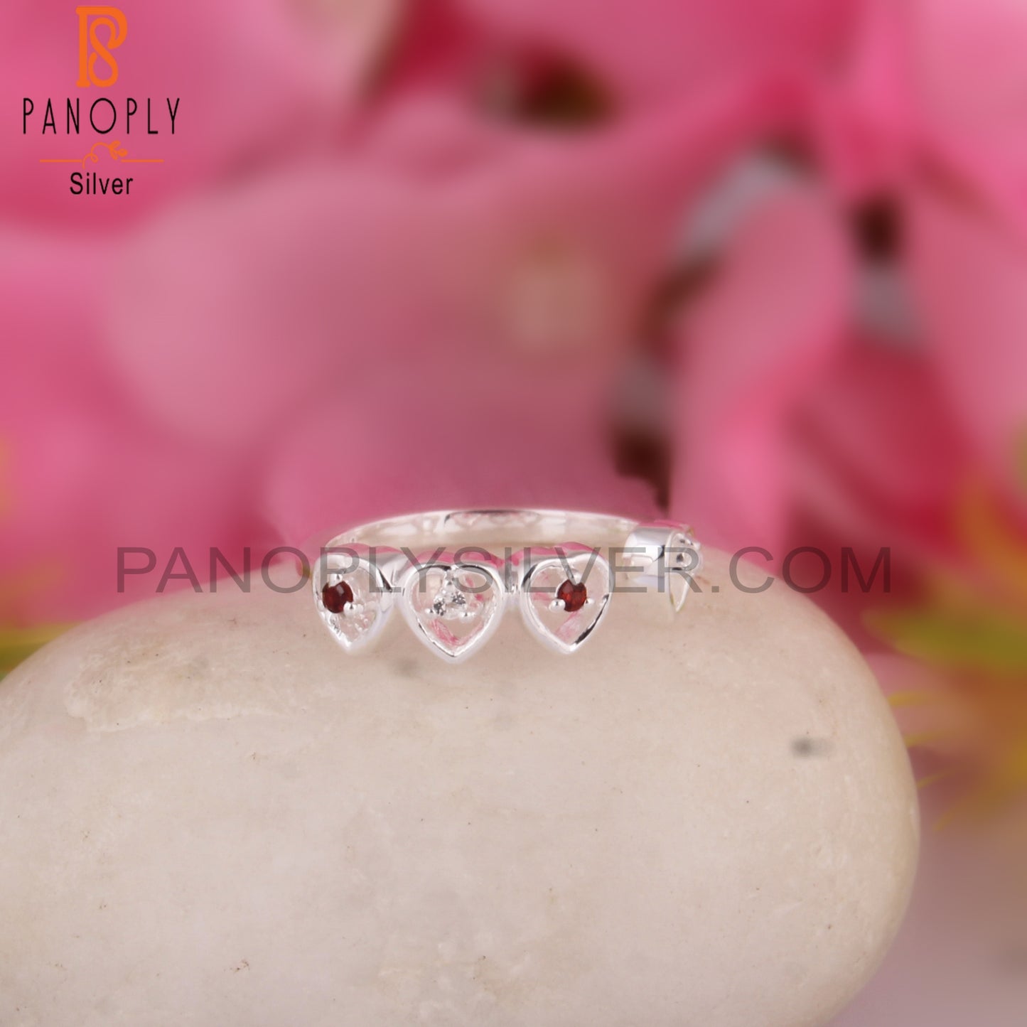 Garnet & White Topaz 925 Sterling Silver Stackable Ring