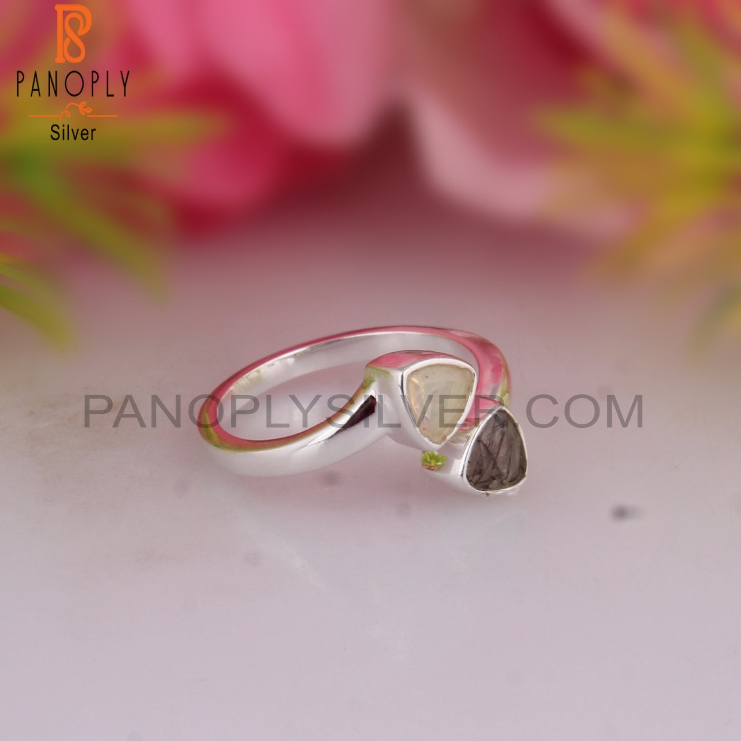 Black Rutile & Ethiopian Opal Bypass 925 Silver Ring