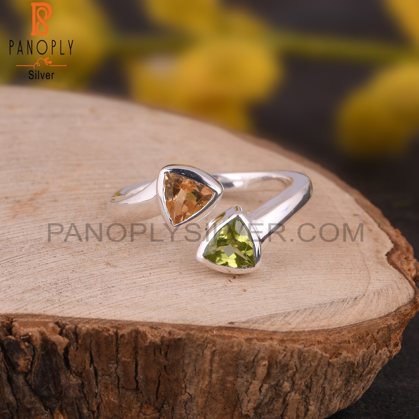 Citrine & Peridot Trillion Shape 925 Sterling Silver Ring