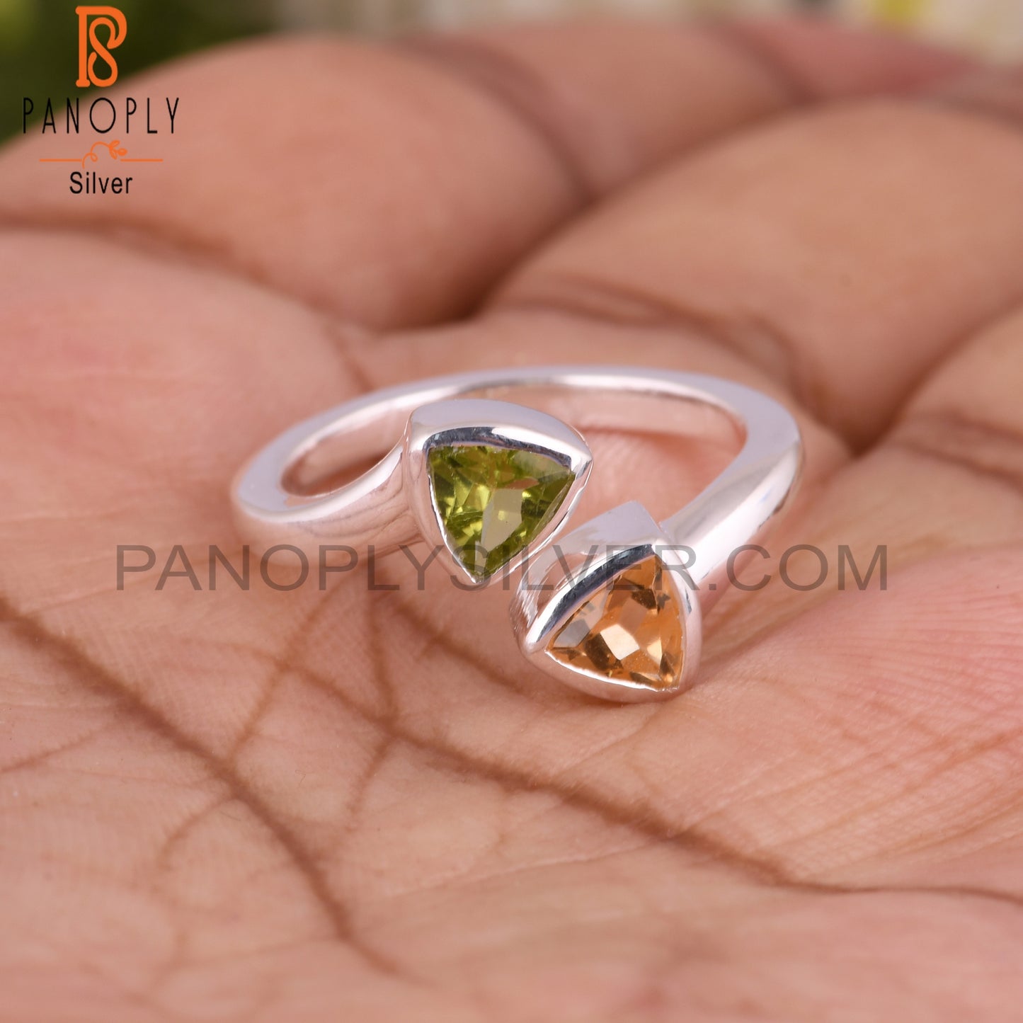 Citrine & Peridot Trillion Shape 925 Sterling Silver Ring